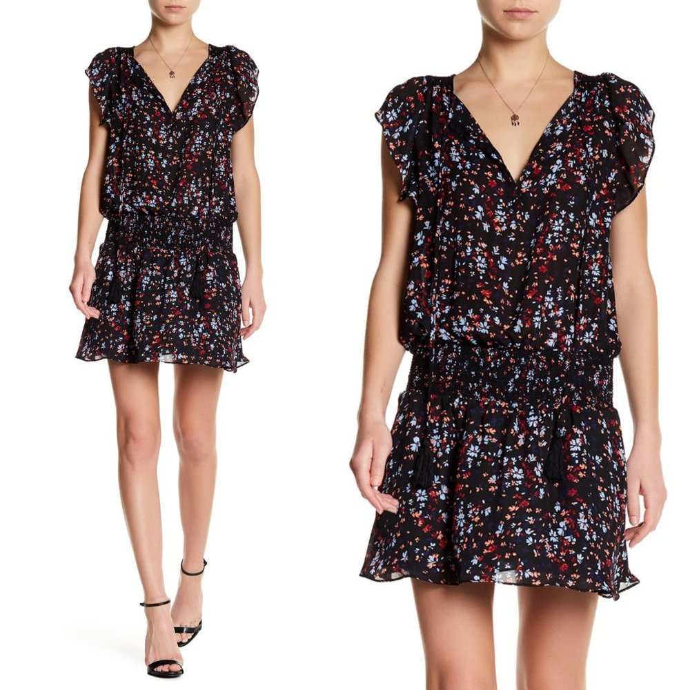 Parker Black Floral Mini Dress with Red and Blue Print